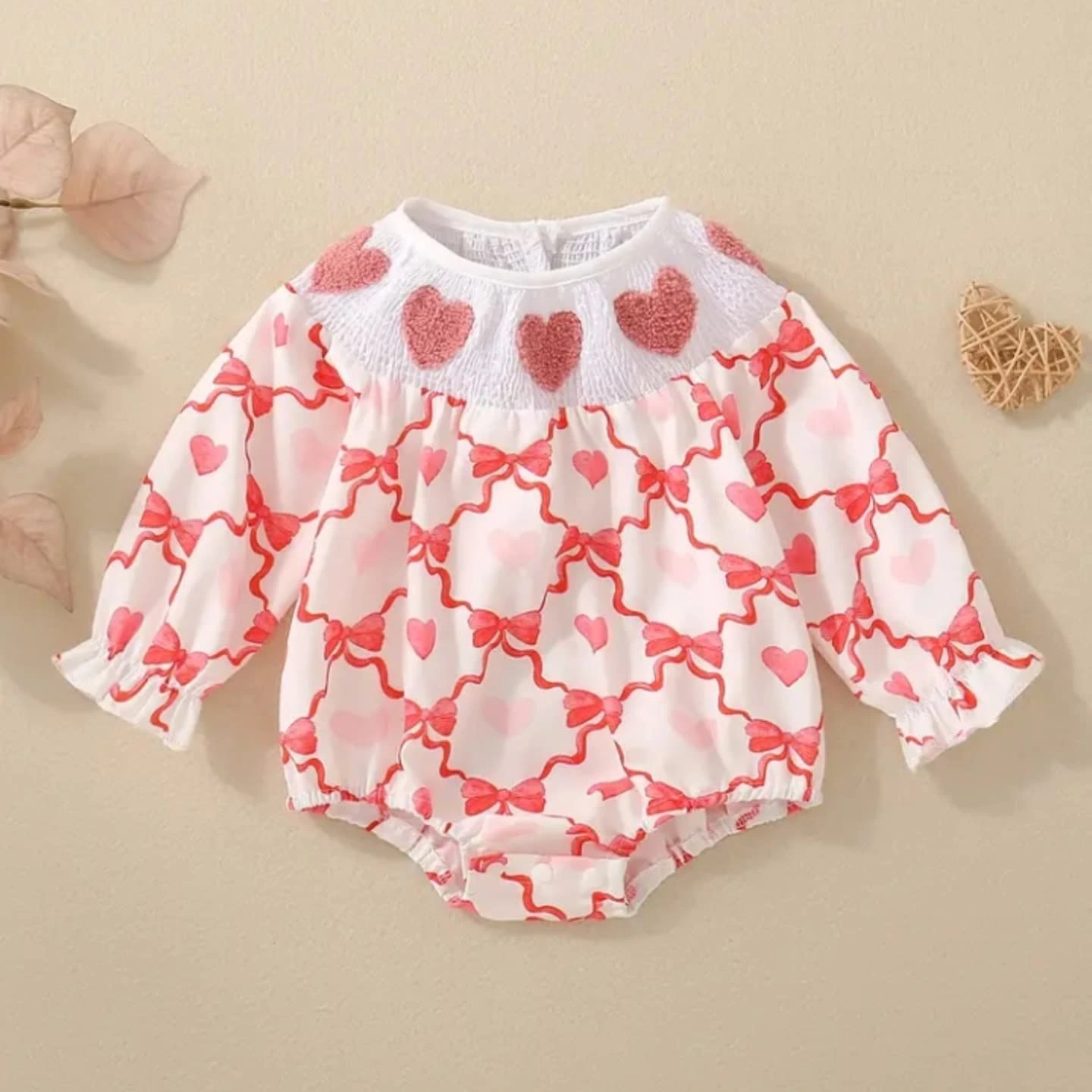 Heart Smocked Bow-Print Romper Heart Smocked Bow-Print Romper