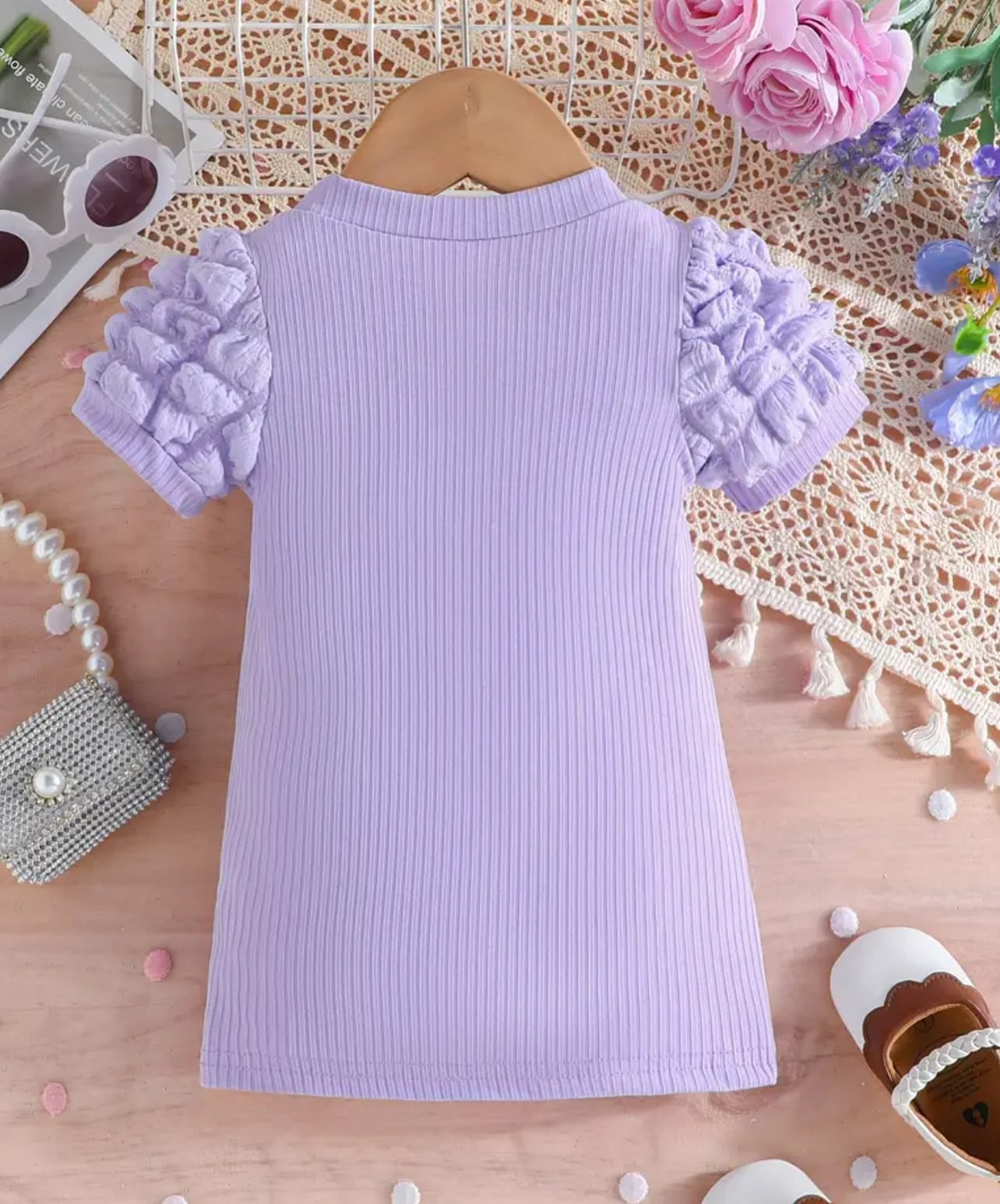 Lavender Puff-Sleeve Ribbed Shirt Lavender Puff-Sleeve Ribbed Shirt