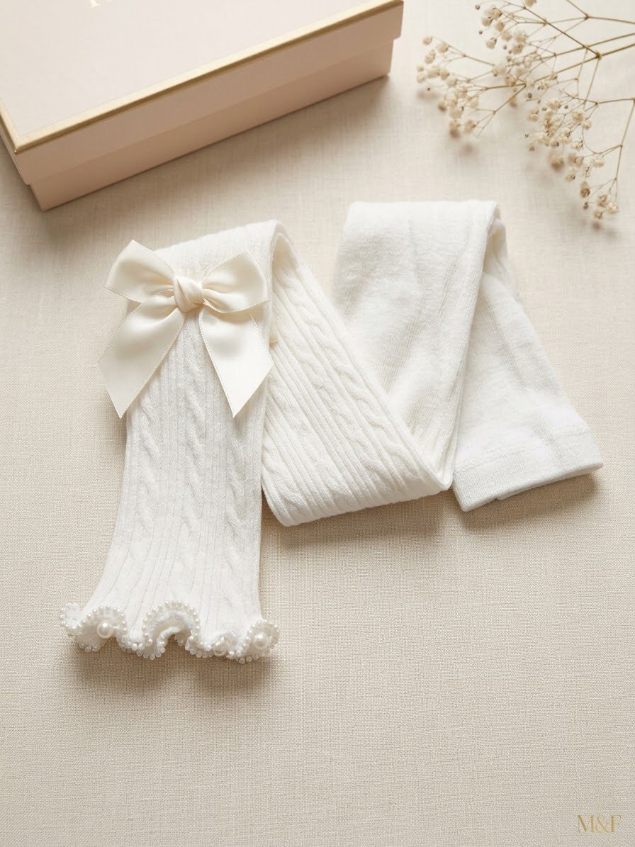 Premium Cable-Knit Tights with Satin Bow